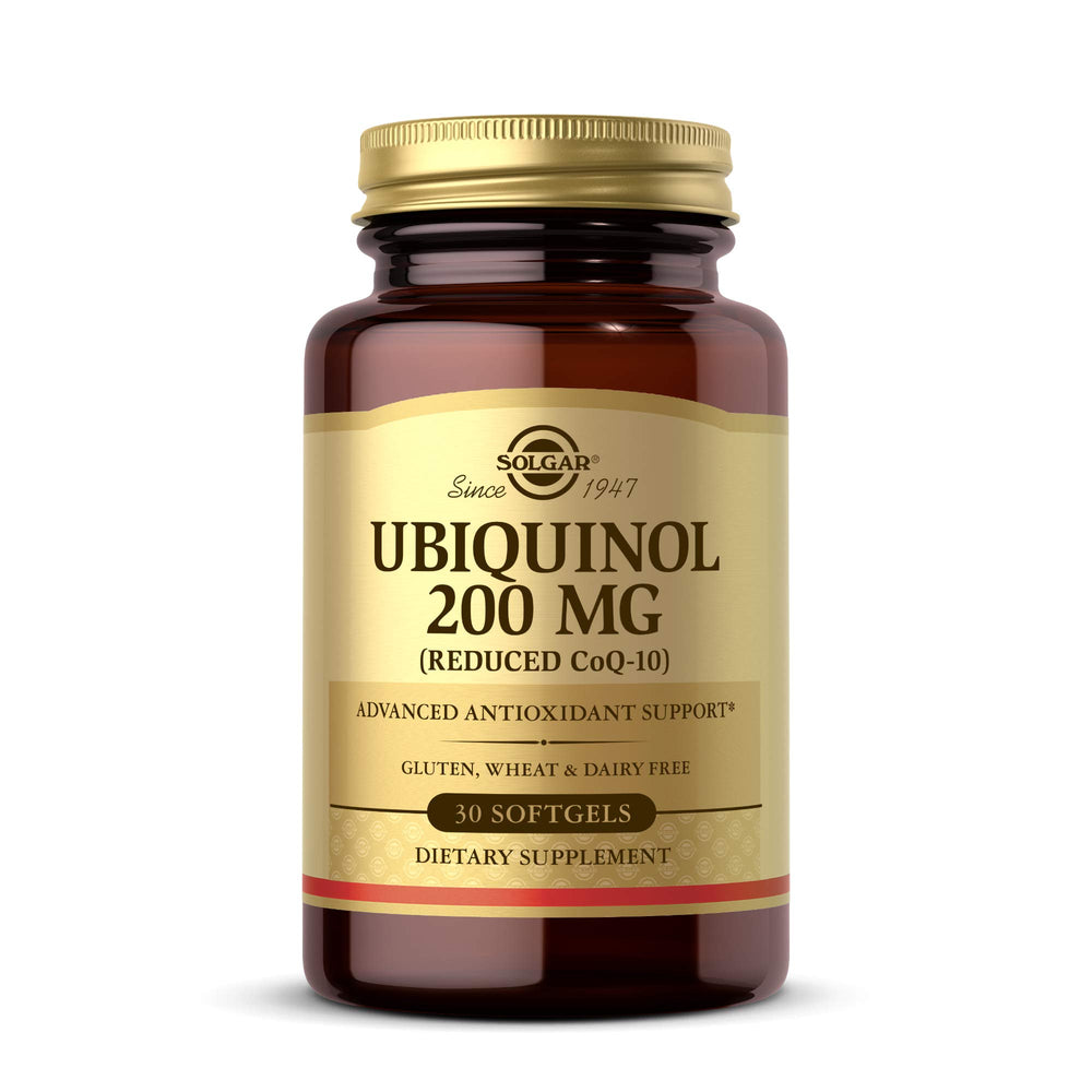 Solgar ubiquinol 200 mg softgels in bottle for daily antioxidant support.