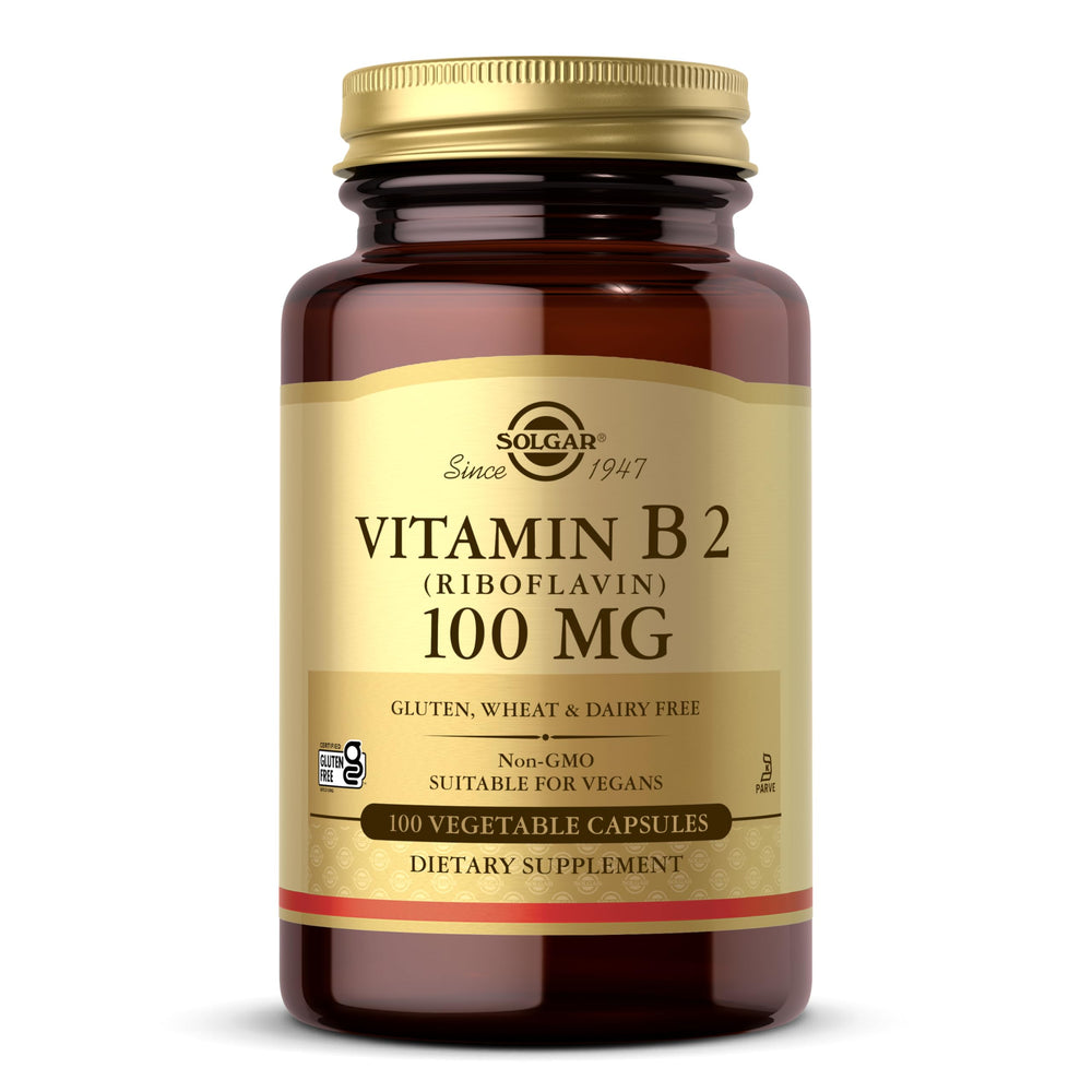 Solgar Vitamin B2 bottle close-up highlighting energy metabolism support