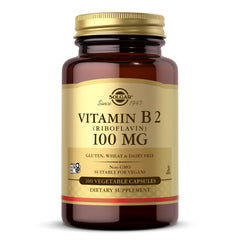 Solgar Vitamin B2 bottle close-up highlighting energy metabolism support