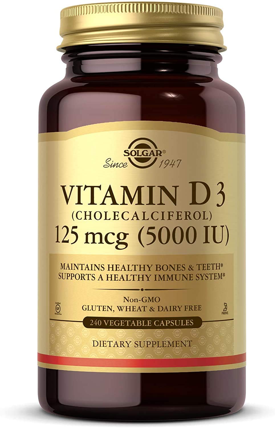 Solgar Vitamin D3 bottle front view highlighting daily bone and immune support