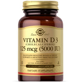 Solgar Vitamin D3 bottle full label view, showing 120 capsules for bone support.