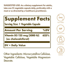Solgar Vitamin D3 capsules close-up showing easy-to-swallow vegetable capsules