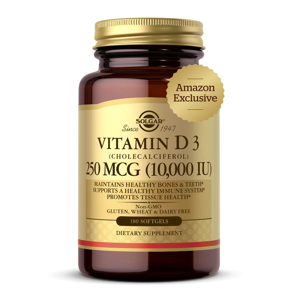 Solgar Vitamin D3 softgel bottle supports bone and teeth health.