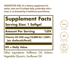 Solgar Vitamin D3 softgel bottle with dosing guide for daily use.