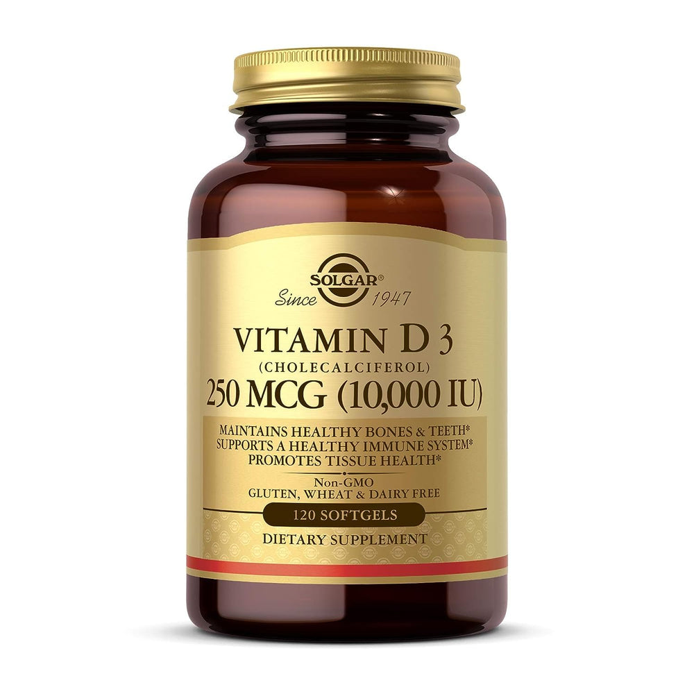 Solgar Vitamin D3 softgels bottle front showing 120 servings for bone and teeth maintenance