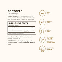 Solgar Vitamin D3 softgels bottle top highlighting cap and label for daily use