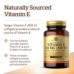 Solgar Vitamin E 200 IU Alpha ingredient label showing gluten and dairy free