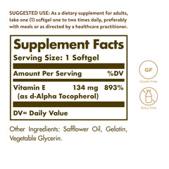 Close-up of Solgar Vitamin E 200 IU Alpha softgels for immune health