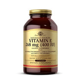 Solgar Vitamin E softgels bottle front, naturally sourced antioxidant support for daily wellness.