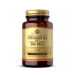 Solgar Vitamin K2 MK-7 bottle on table promoting bone health support