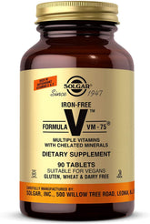 Solgar VM-75 iron-free bottle front shows vegan multivitamin packaging supporting daily wellness.