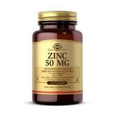 Solgar Zinc 50 mg bottle displaying capsules; supports immune function.