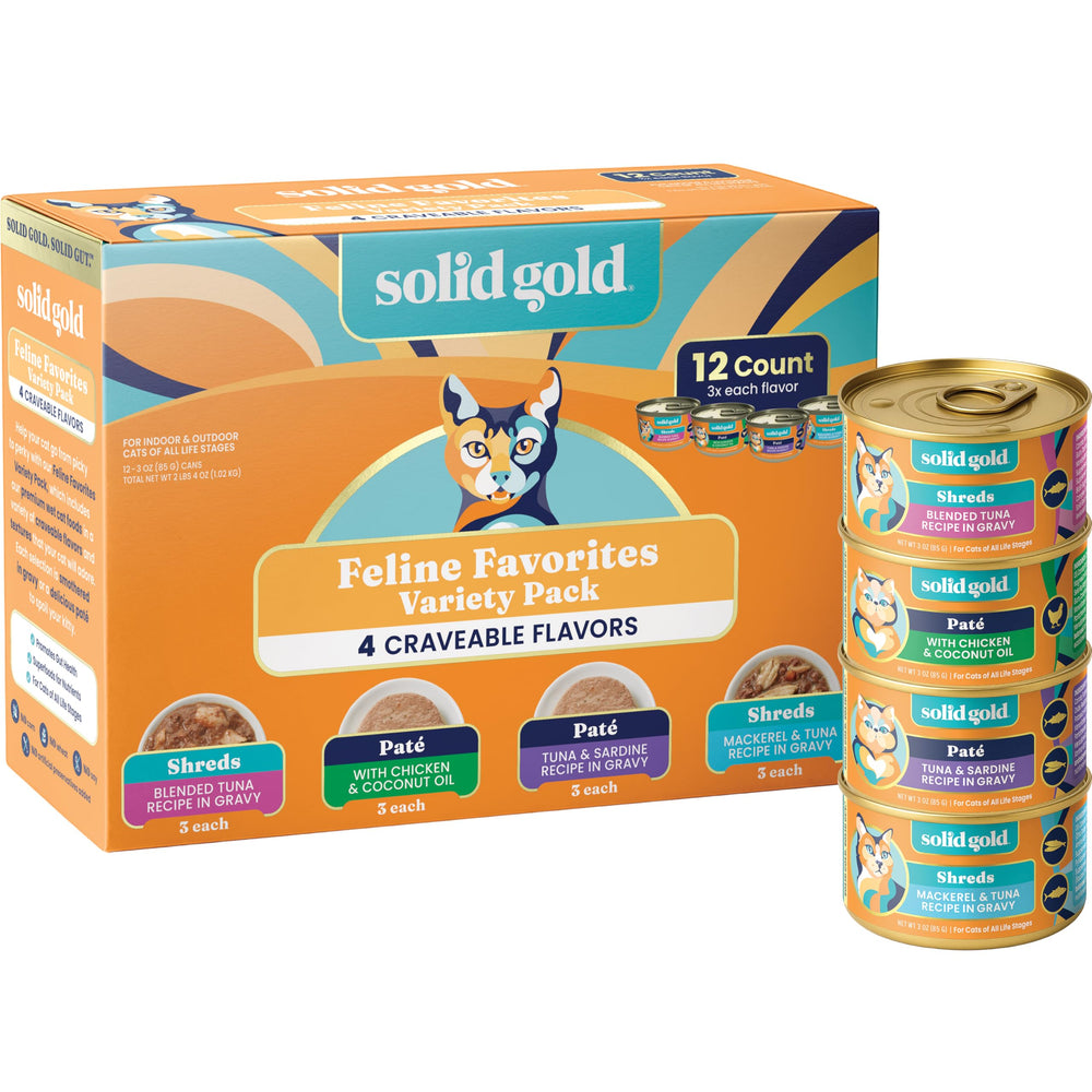 Solid Gold variety-pack pates-in-gravy display offering meal variety for cats.