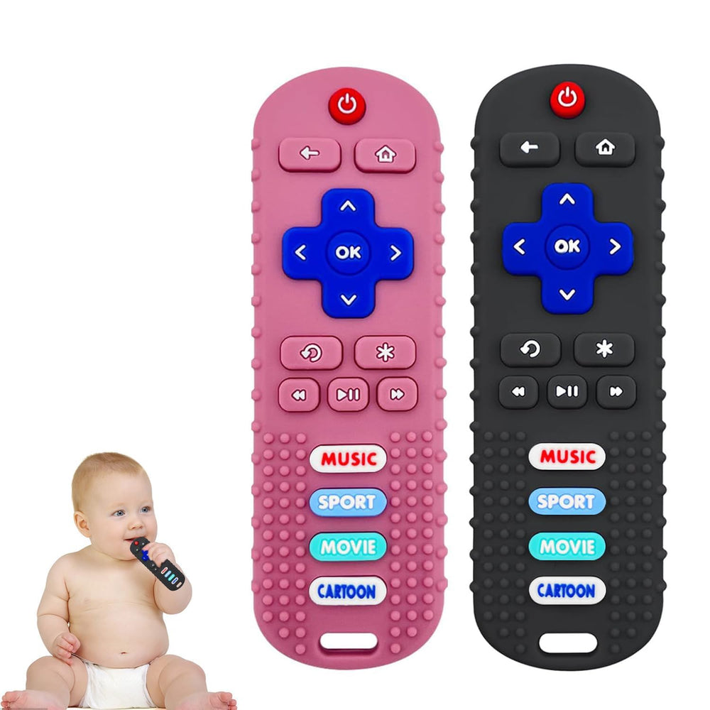SOLIFEGOBLE remote teether in black and pink with button textures for soothing gums.