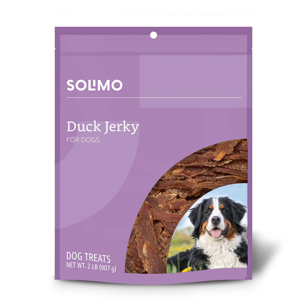 Solimo Duck Jerky Dog Treats 2 lb bag front showing premium flavor cue for rewards