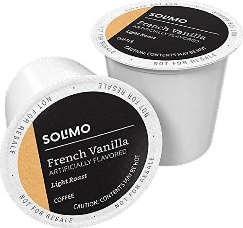 Solimo French Vanilla flavored coffee pods for a fragrant morning aroma.