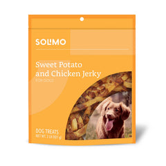 Solimo sweet potato and chicken jerky bag front, ideal training reward.