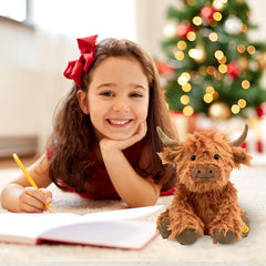 SOLPOBEI Highland cow plush close-up with sound button for interactive learning.