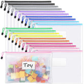 Sooez mesh zipper pouches with label pockets for quick item finding.