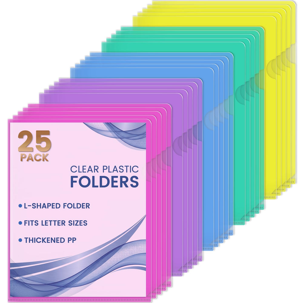Sooez 25-pack clear document folders for organized, color-coded filing.