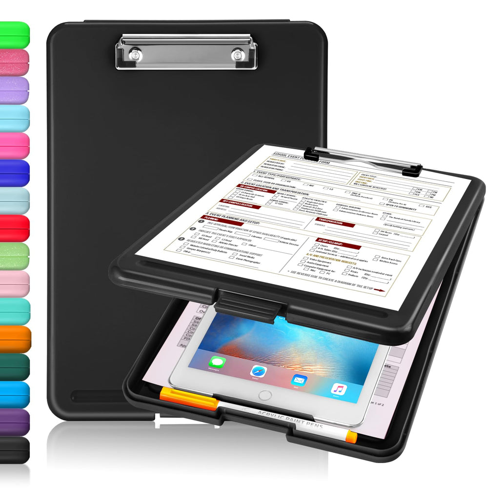 Sooez clipboard with storage close-up showing secure snap closure and spacious interior.