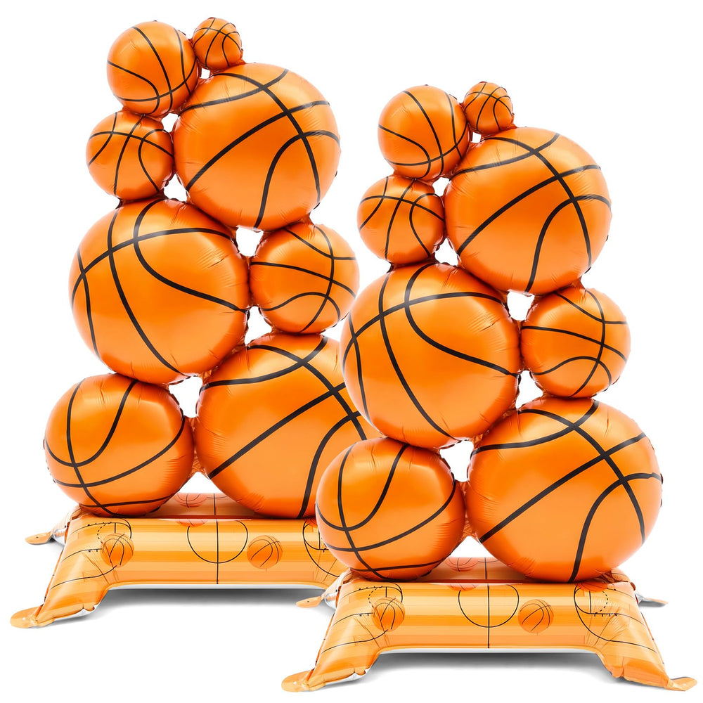 Soulchen two-pack giant self-standing basketball foil balloons with field bases for sports-themed parties.