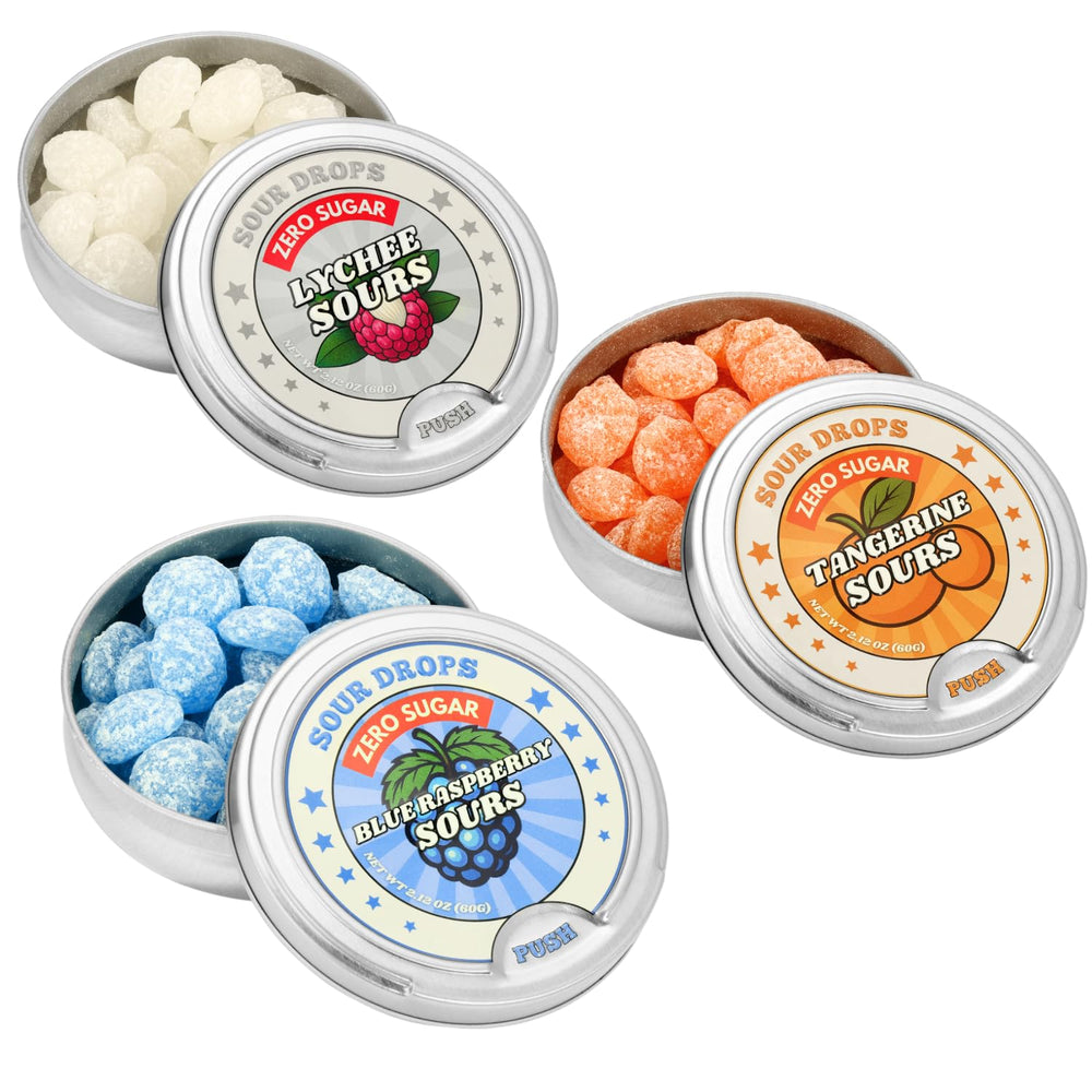 Sour Drops 3-pack tin box, ideal for on-the-go tangy snacking.