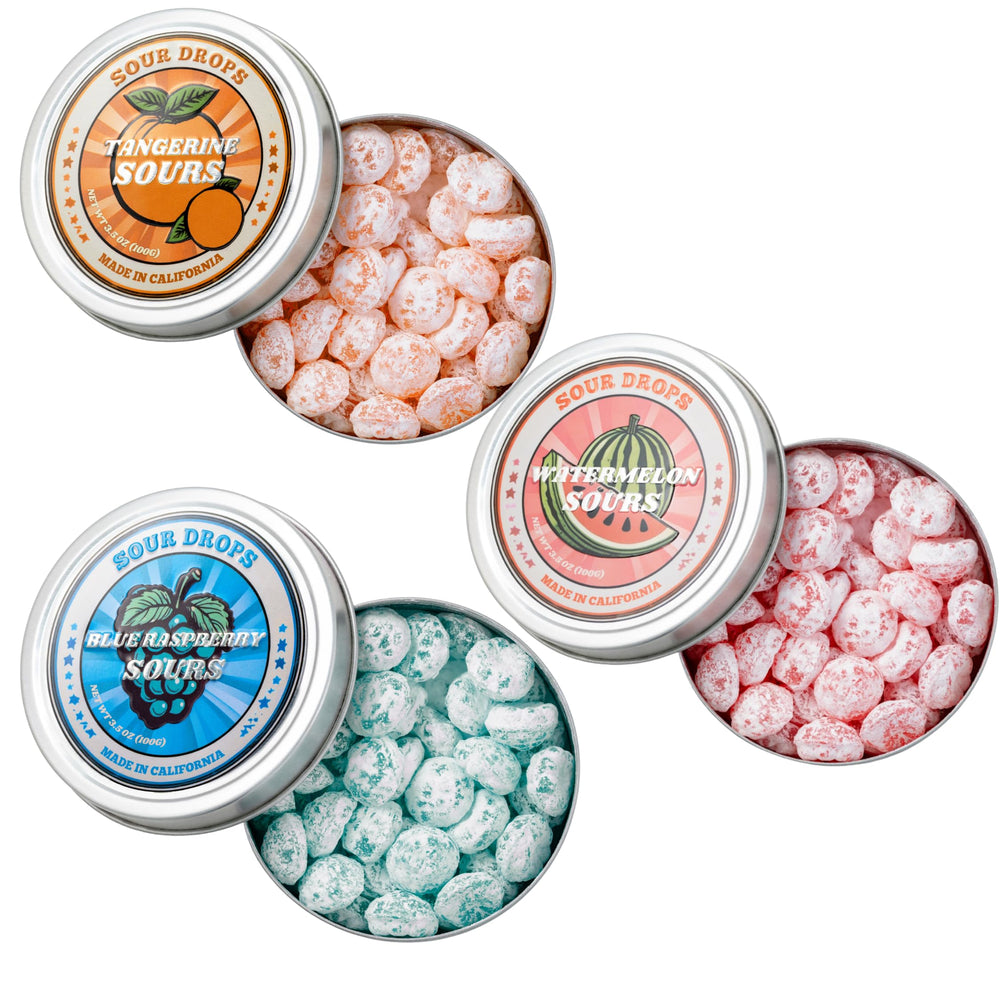 Sour Drops front view of the 3 tin gift set, ideal for gifting