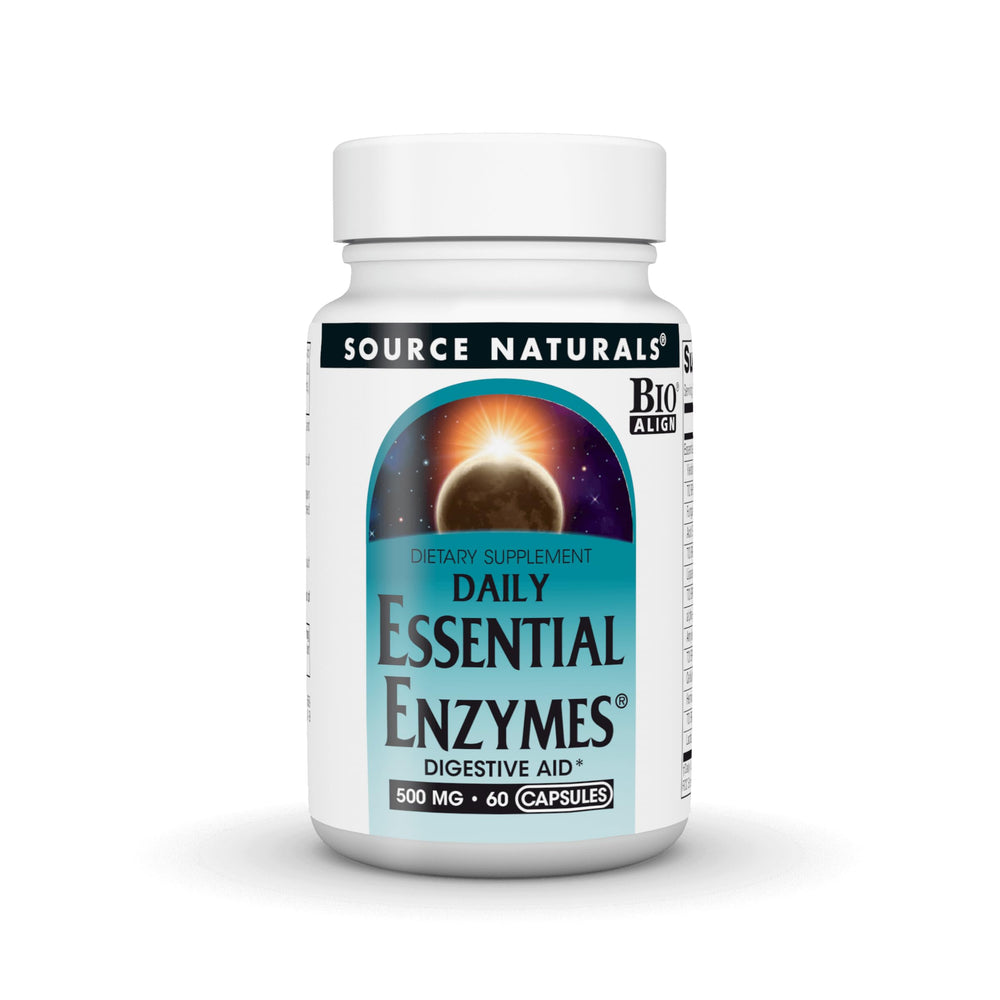 Source Naturals Essential Enzymes bottle front signals multi-enzyme digestive support