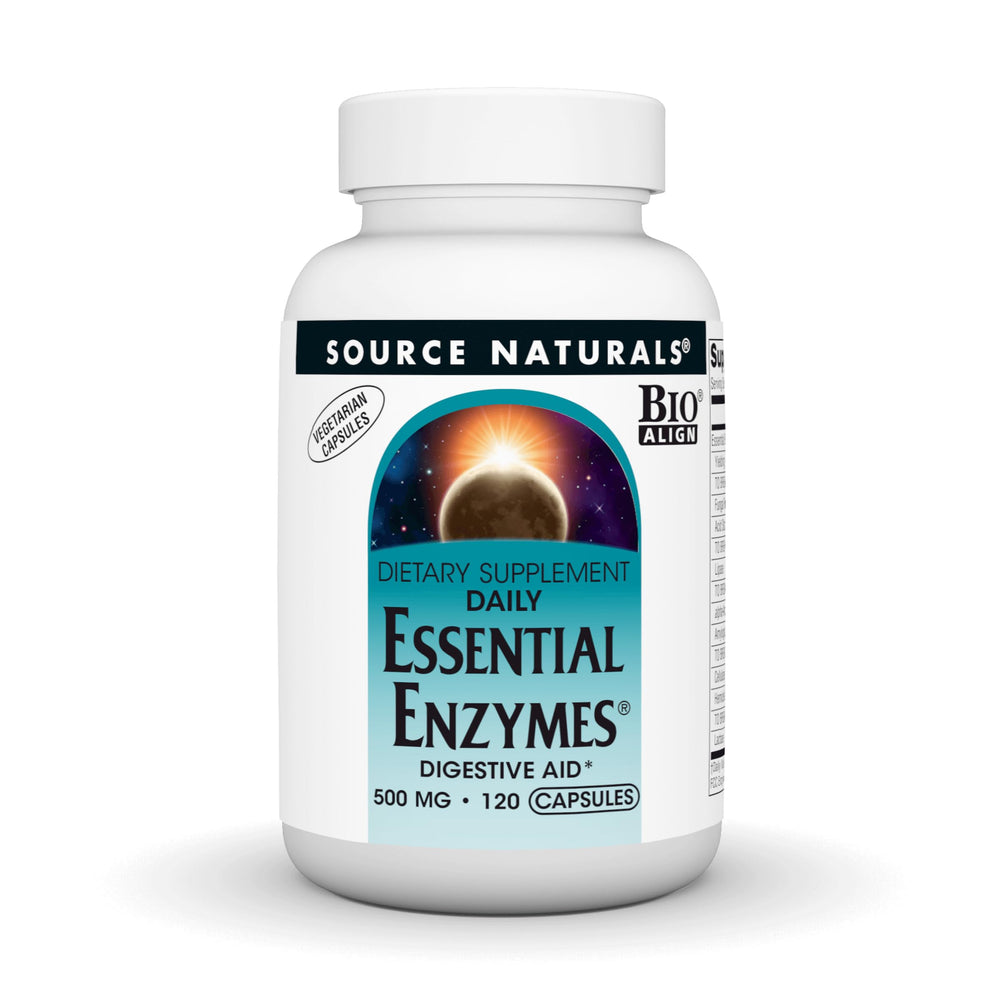 Source Naturals Essential Enzymes bottle front for digestive support after meals.