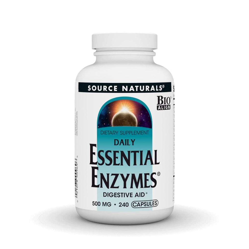 Source Naturals Essential Enzymes bottle shows broad-spectrum digestion blend for meals.