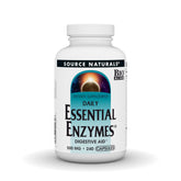 Source Naturals Essential Enzymes bottle shows broad-spectrum digestion blend for meals.
