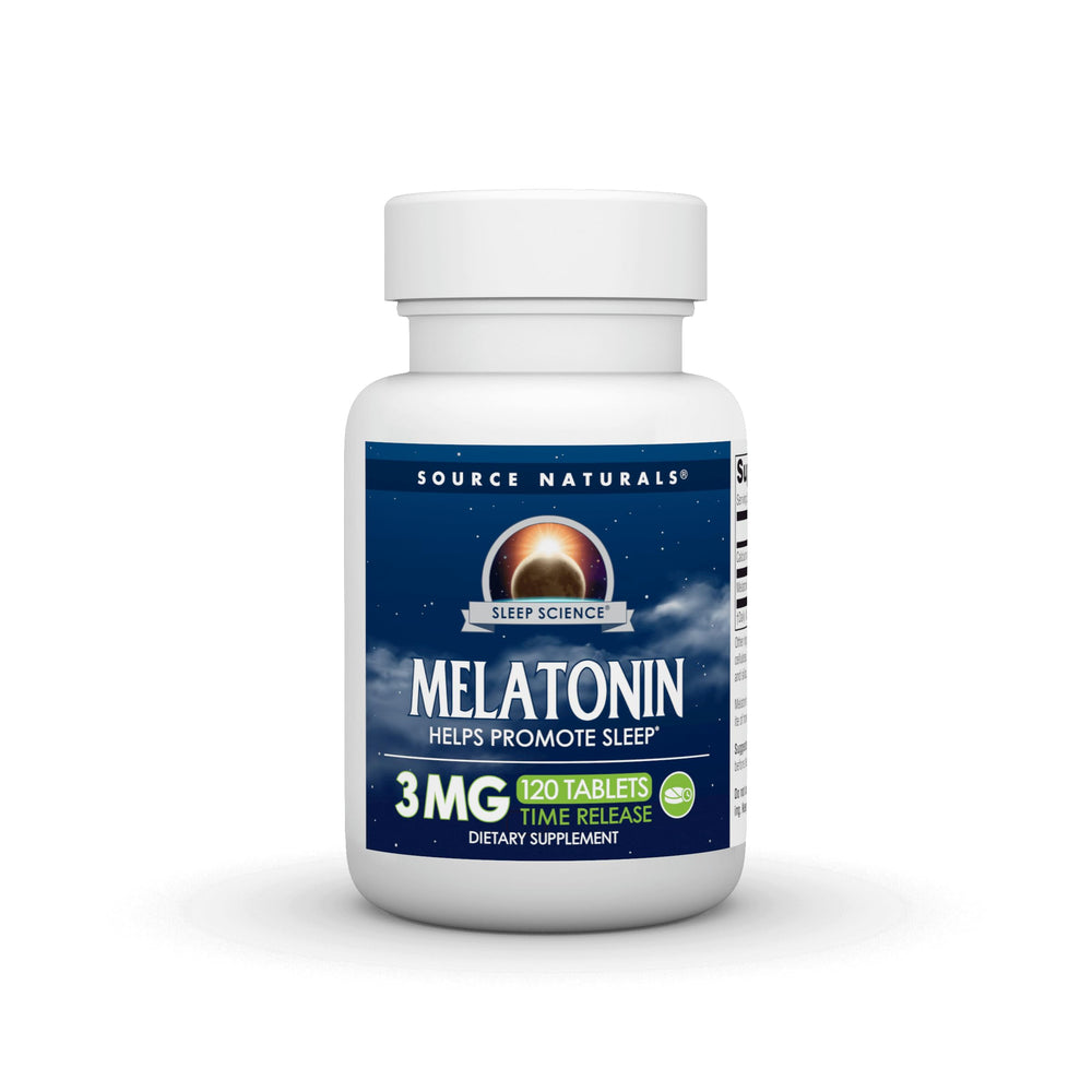 Source Naturals Time Released Melatonin bottle front supports a natural sleep cycle.
