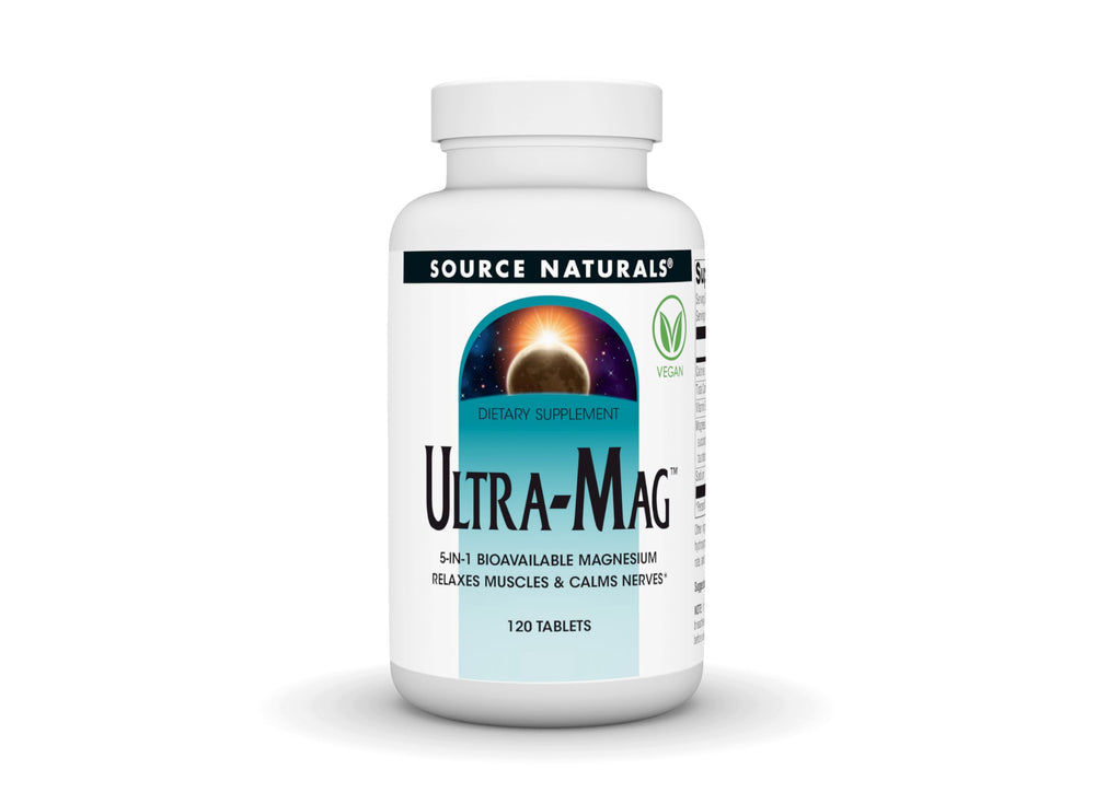 Source Naturals Ultra-Mag 5-in-1 bottle pour for easy daily magnesium support.