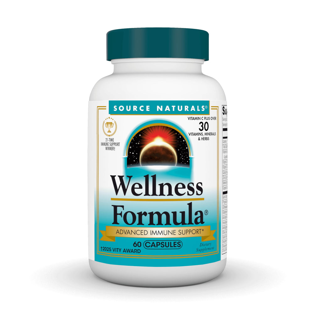 Source Naturals Wellness Formula bottle on table for daily immune support