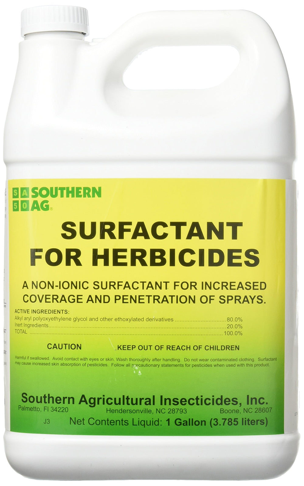 Southern Ag Surfactant bottle pour improves herbicide coverage and penetration.