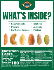 Southern Style Nuts Gourmet Hunter Mix ingredients closeup highlighting sesame sticks and roasted nuts.