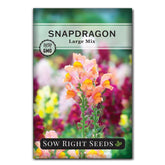 Sow Right Seeds Large Mixed Snapdragon seed packet front shows vibrant color variety for your garden.
