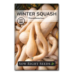 Sow Right Seeds Tromboncino seed packet for home gardening with sweet long-neck squash.