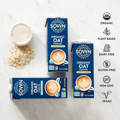 SOWN Organic Oat Creamer close-up highlights organic oats, non-GMO and gluten-free.