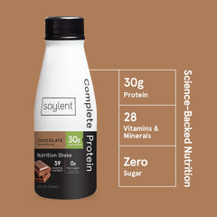 Soylent chocolate protein shake being poured for an on-the-go meal