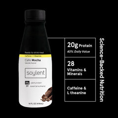 Soylent Complete Coffee Mocha nutrition label highlights 20 g protein and 1 g sugar per serving.