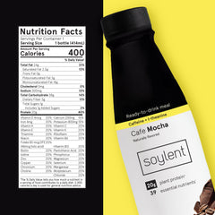 Soylent Complete Coffee Mocha pour reveals creamy texture ideal for quick meal replacement.