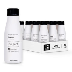 Soylent Original bottle pouring for on-the-go nutrition.
