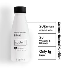 Soylent Original glass with poured shake highlighting creamy texture.