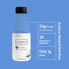 Soylent Vanilla nutrition facts panel highlighting 20g vegan protein per bottle.