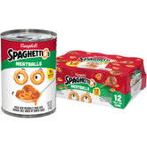 SpaghettiOs Meatballs cans on shelf, pantry-ready and kid-friendly.