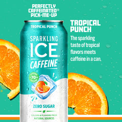 Sparkling Ice Caffeine Tropical Punch can side nutrition label highlights vitamins.