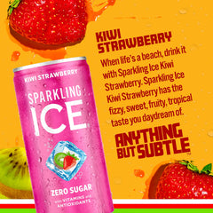 Sparkling Ice Kiwi Strawberry can front highlighting low calories and portability