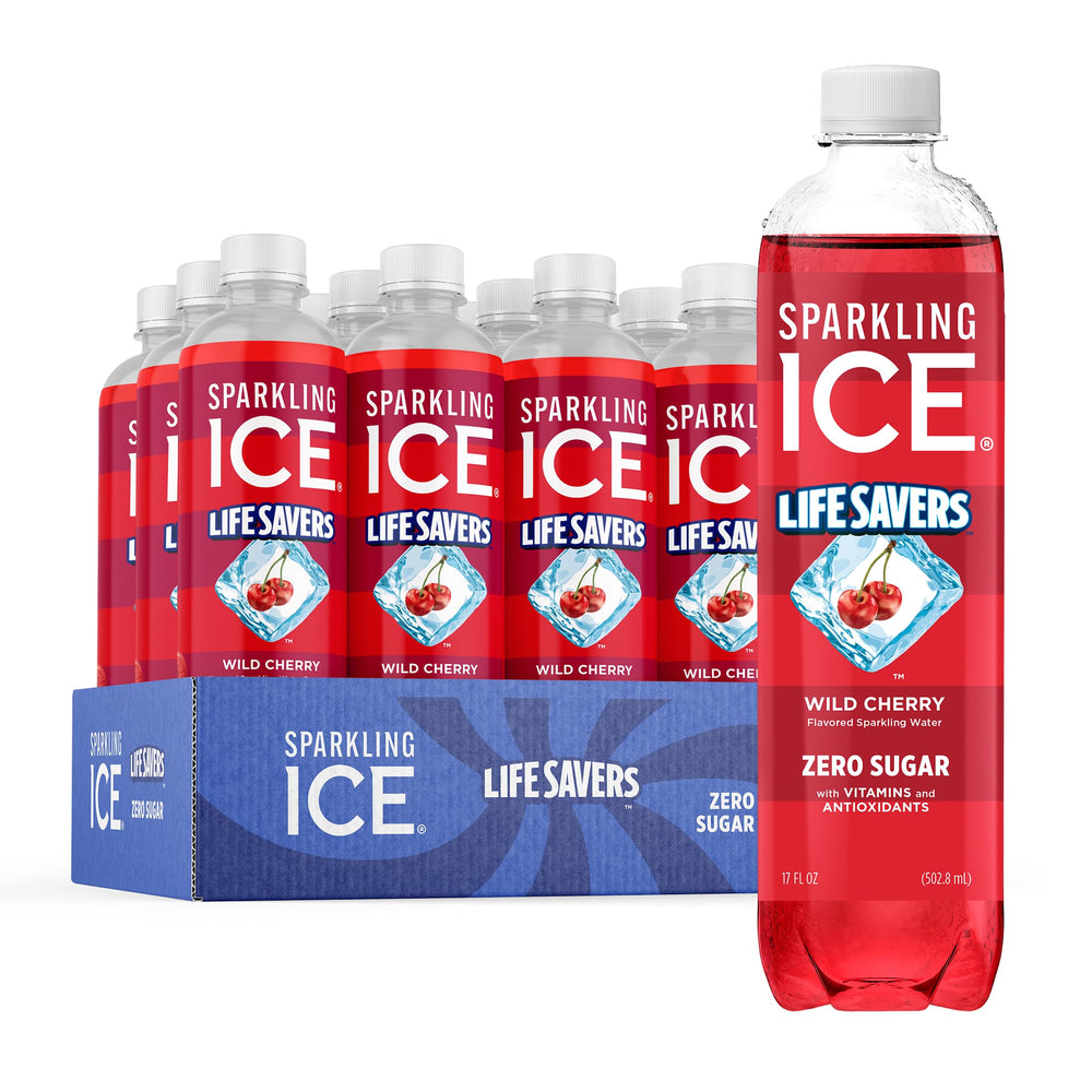 Sparkling Ice Lifesavers Wild Cherry bottle being poured for a refreshing drink